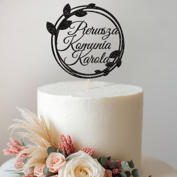 Personalised Polish Communion Double Leaf Hoop Cake Topper – Name - view 2
