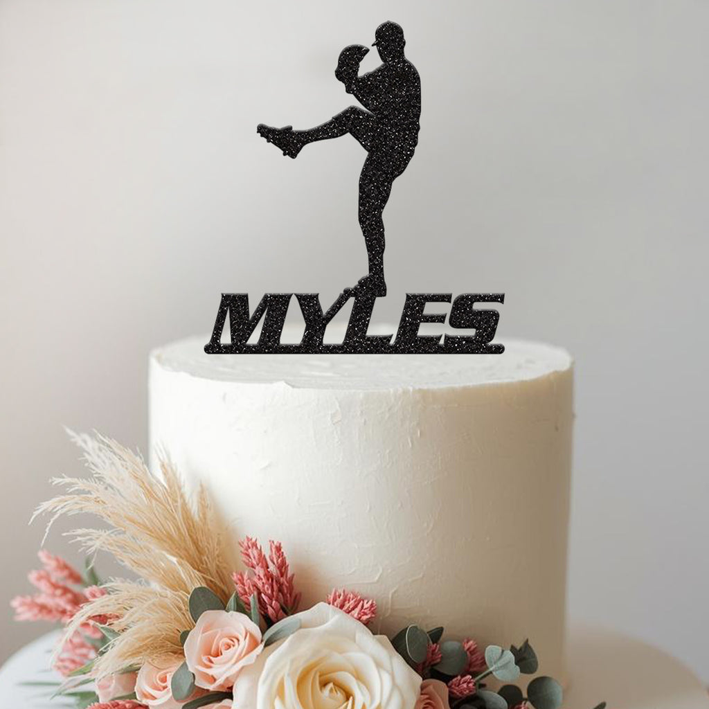 Personalised Baseball Pitcher Leg Lift Cake Topper – Name - view 2