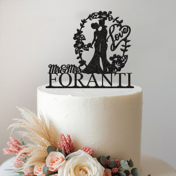 Personalised Floral Arch Wedding Couple Cake Topper – Surname - view 2