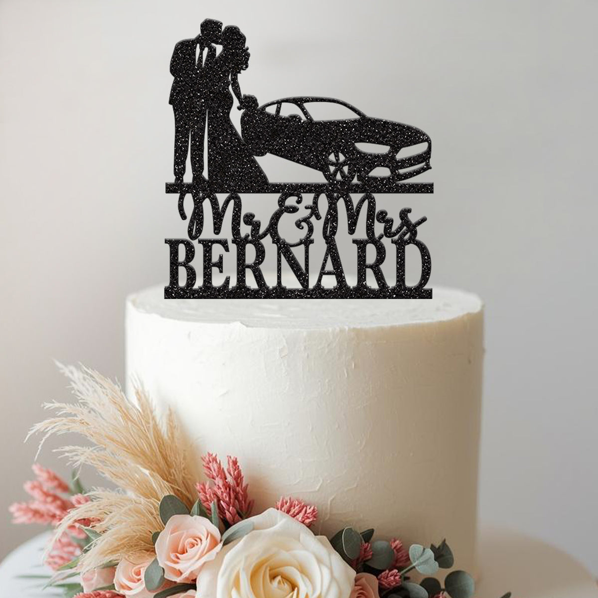 Personalised Wedding Couple with Car Cake Topper – Surname - view 2
