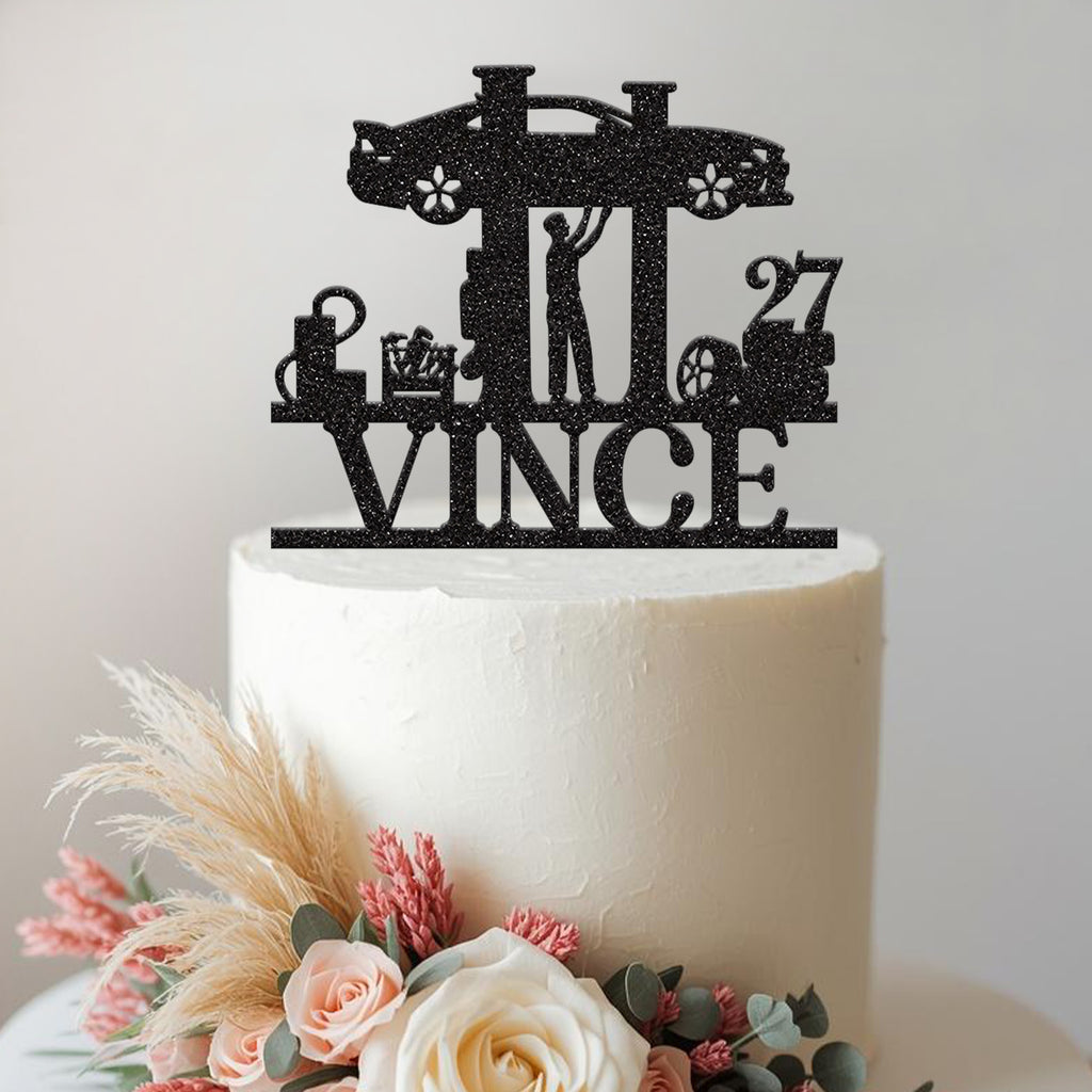 Personalised Mechanic and Car Lift Cake Topper – Name & Age - view 2