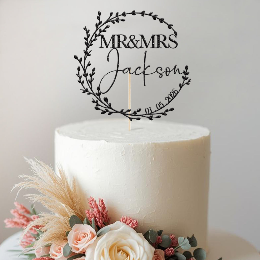 Personalised Leaf Wreath Wedding Cake Topper – Surname & Date - view 2