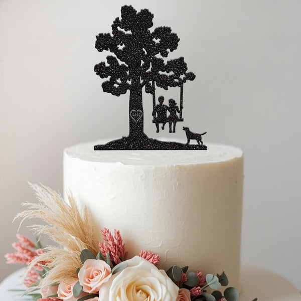 Personalised Tree Swing Couple with Dog Cake Topper – Initials - view 2