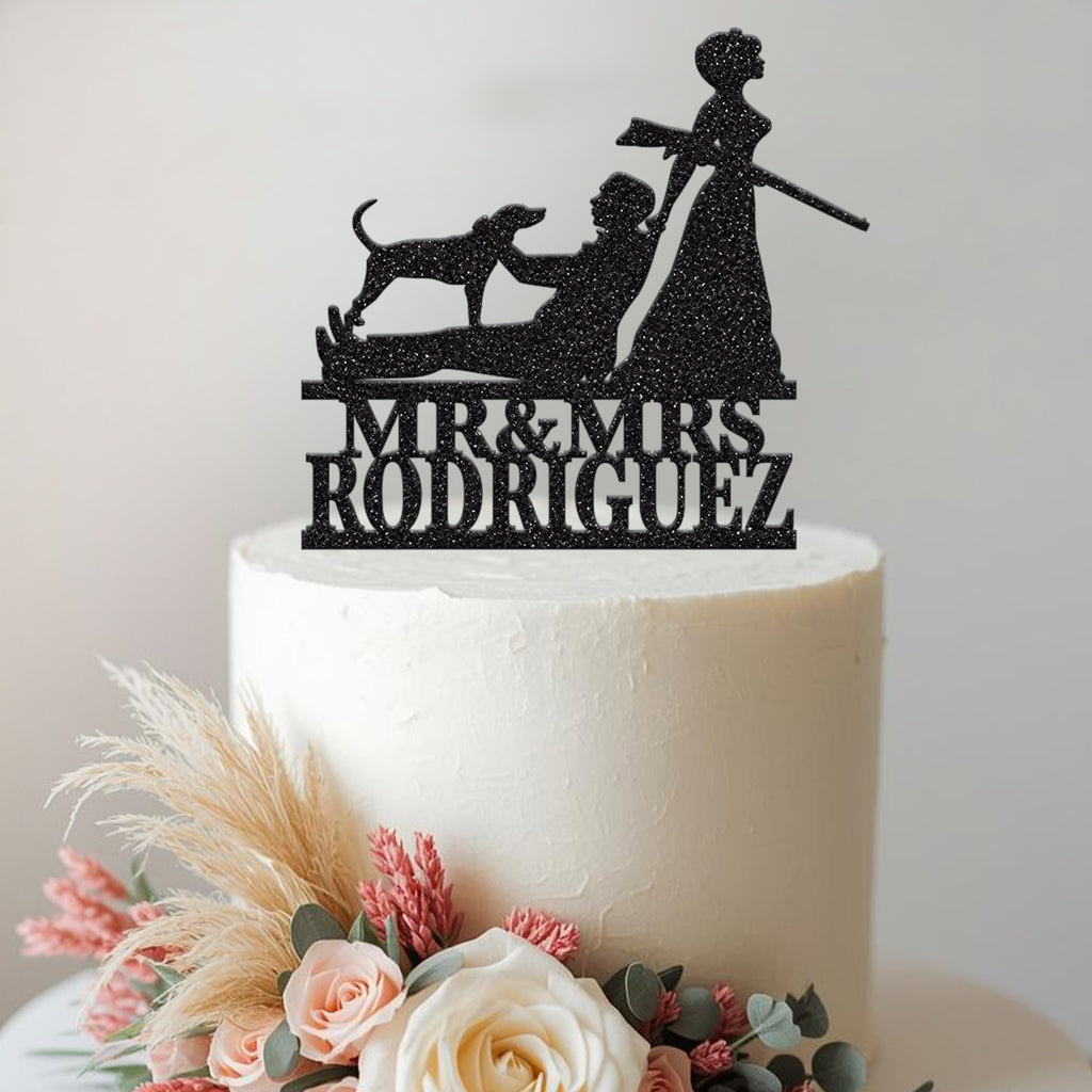 Personalised Hunting Wedding Couple with Dog Cake Topper – Surname - view 2
