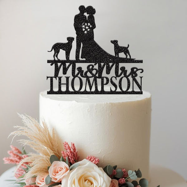 Personalised Wedding Couple with Two Dogs Cake Topper – Surname - view 2