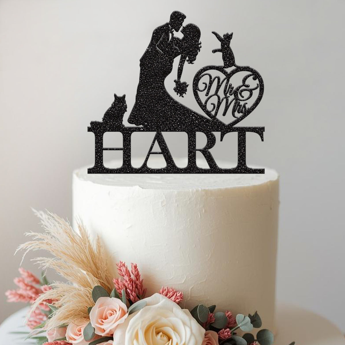 Personalised Dipped Kiss Couple with Cats Wedding Cake Topper – Surname - view 2