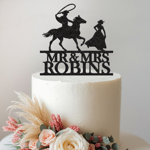 Personalised Cowboy on Horse Wedding Cake Topper – Surname - view 2