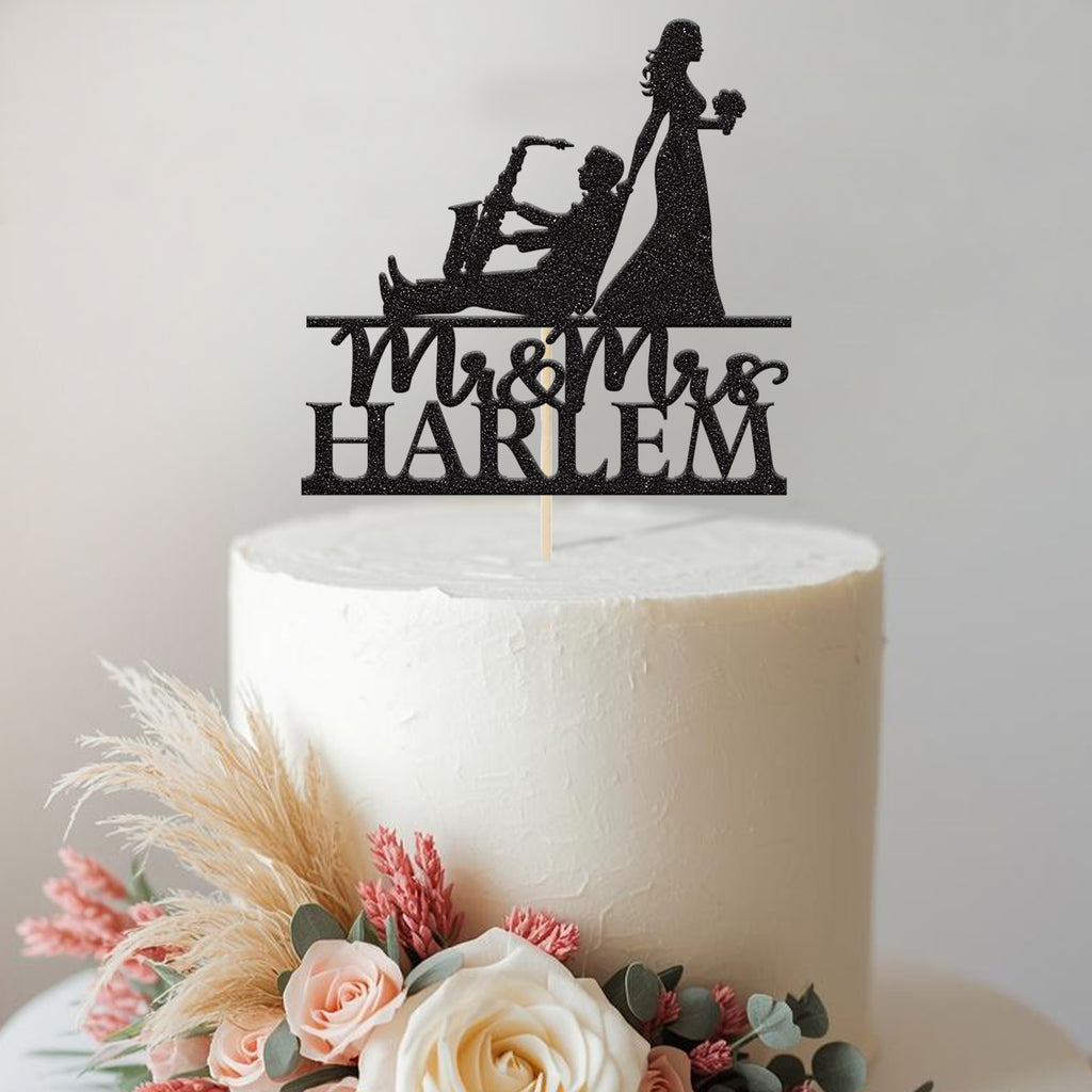 Personalised Saxophonist Couple Wedding Cake Topper – Surname - view 2