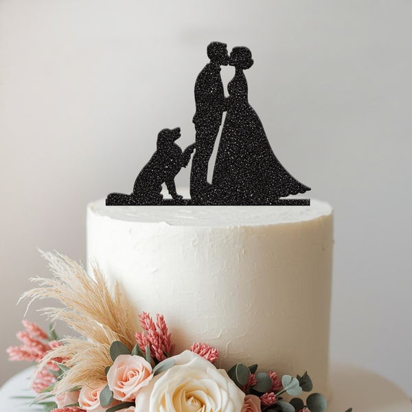 Wedding Couple with Dog Silhouette Cake Topper - view 2