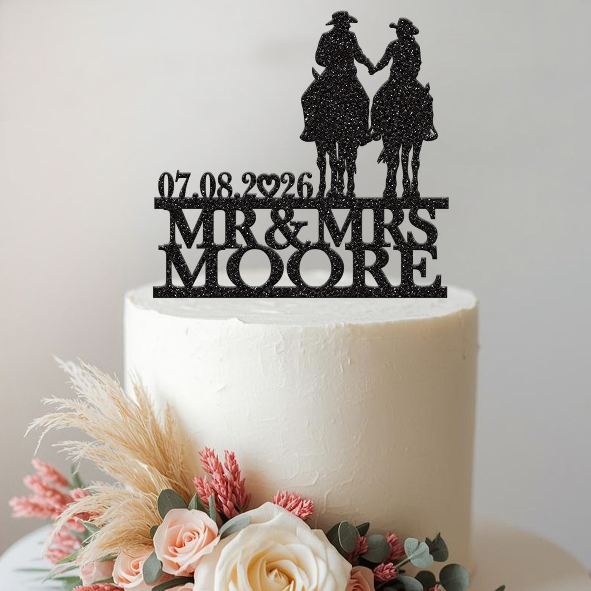 Personalised Horseback Couple Cake Topper – Surname & Date - view 2