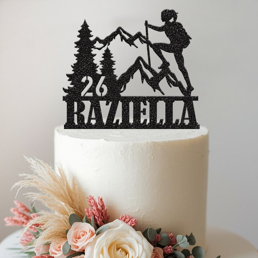 Personalised Female Hiker Mountain Cake Topper – Name & Age - view 2