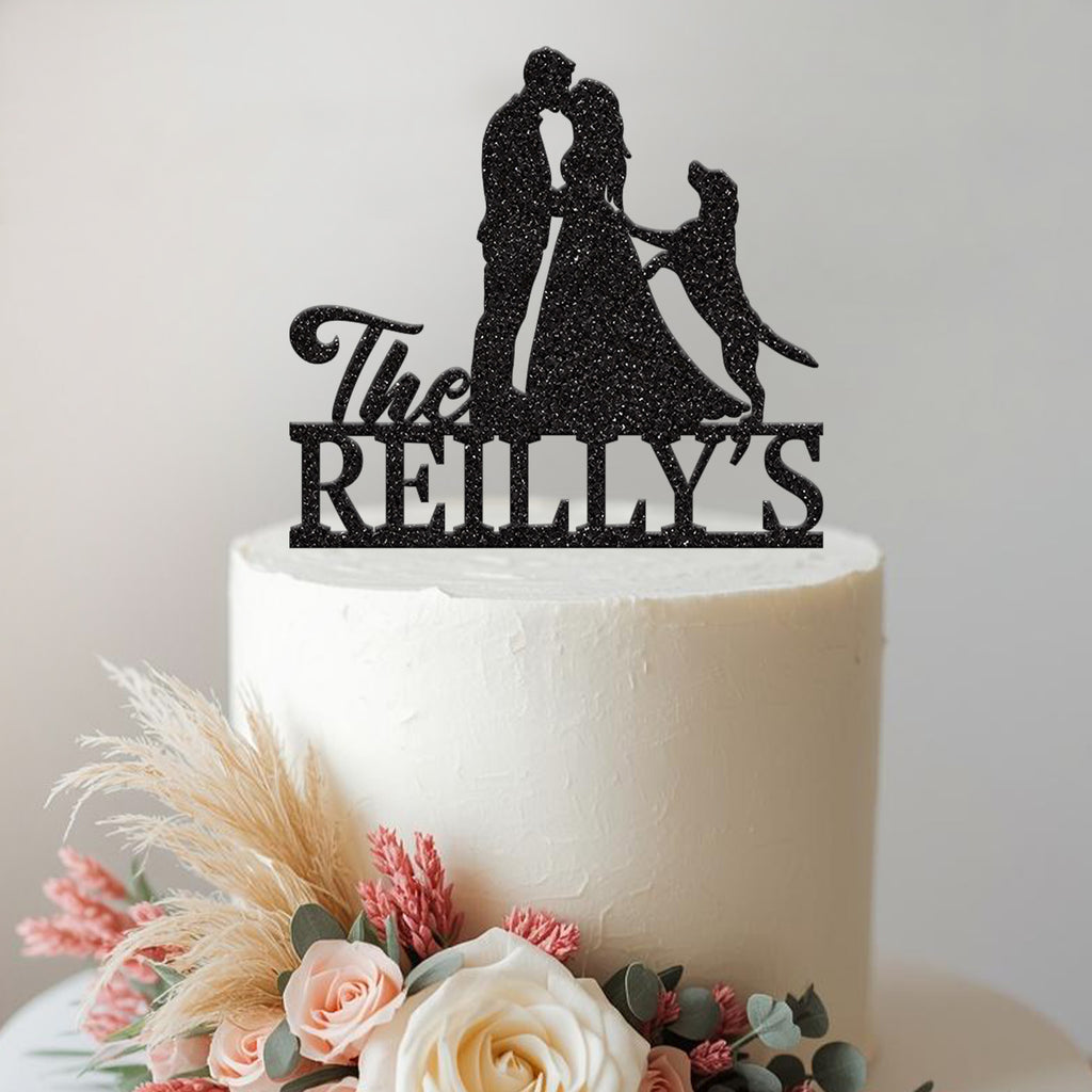 Personalised Wedding Couple with Jumping Dog Cake Topper – Surname - view 2
