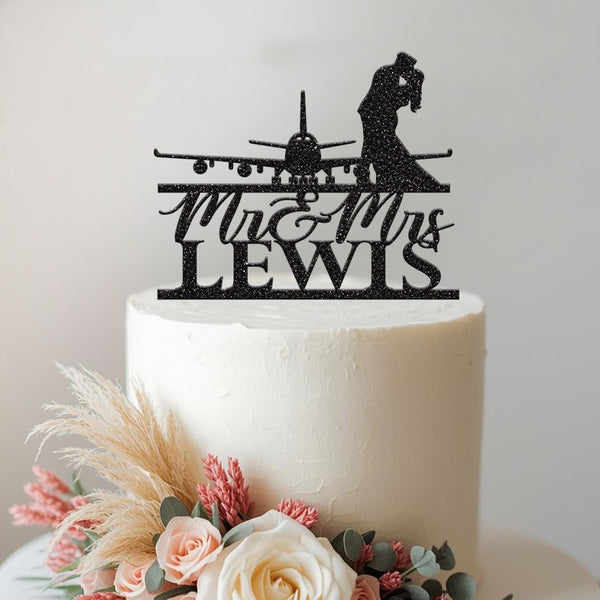 Personalised Aeroplane Wedding Couple Cake Topper – Surname - view 2