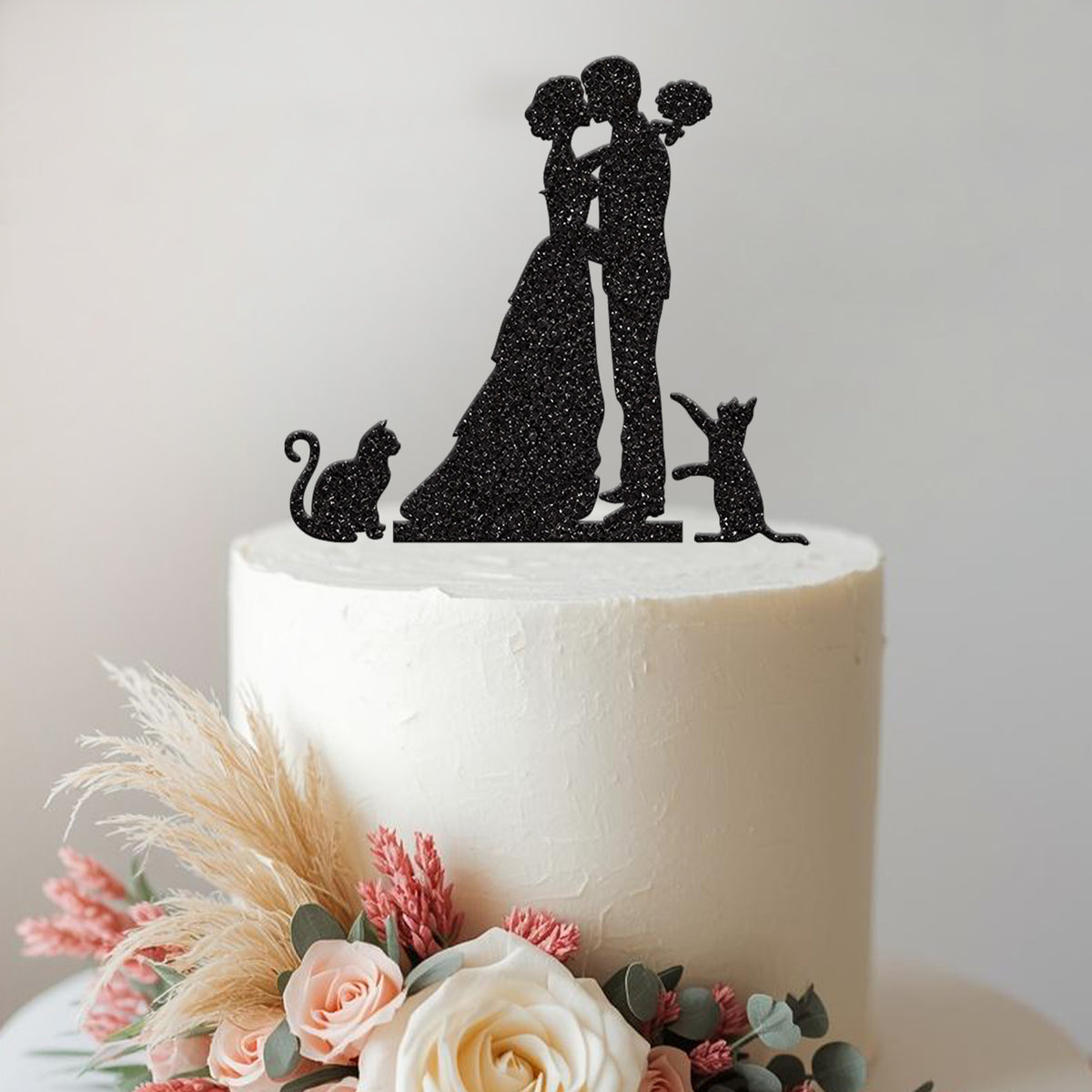 Kissing Wedding Couple with Two Cats Cake Topper - view 2