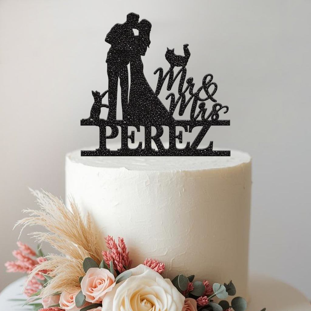 Personalised Wedding Couple with Two Cats Cake Topper – Surname - view 2