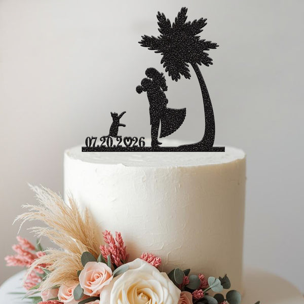Personalised Palm Tree Wedding Couple and Cat Cake Topper – Date - view 2
