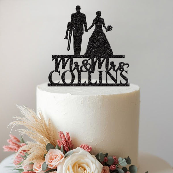 Personalised Trombone Wedding Couple Cake Topper – Surname - view 2