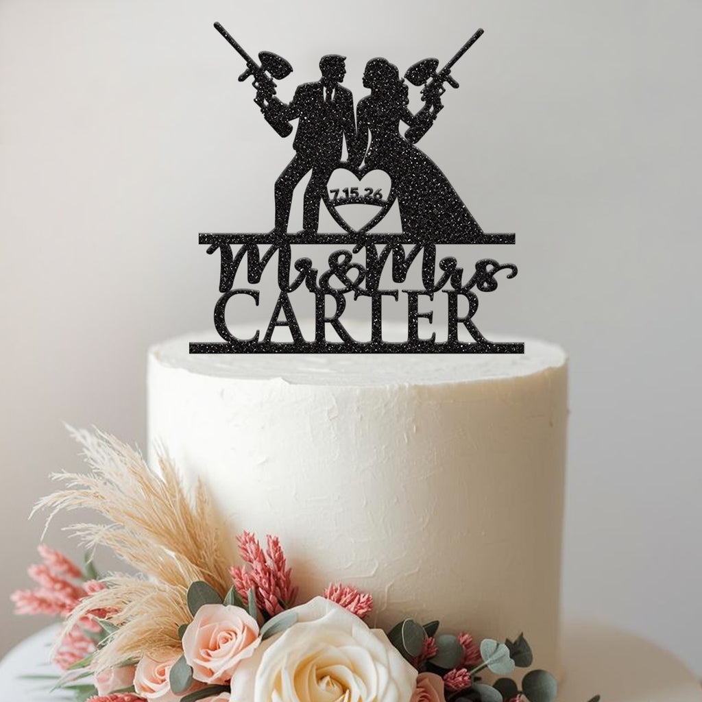 Personalised Paintball Wedding Cake Topper – Surname & Date - view 2