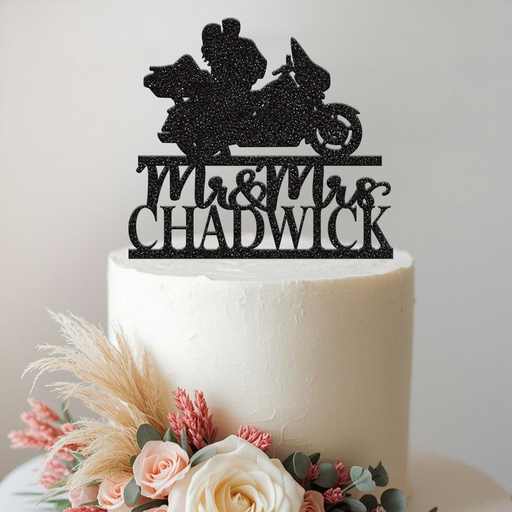 Personalised Touring Motorbike Wedding Couple Cake Topper – Surname - view 2