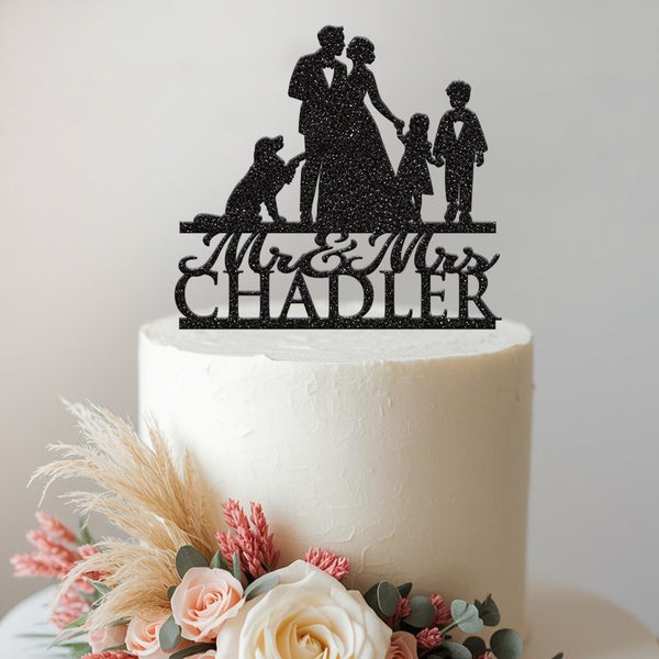 Personalised Wedding Couple with Two Children and Dog Cake Topper – Surname - view 2