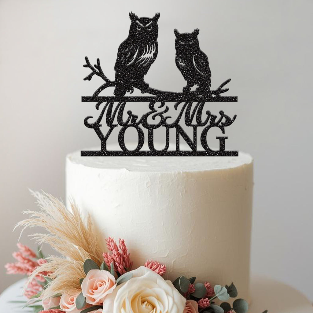Personalised Owl Pair Wedding Cake Topper – Surname - view 2