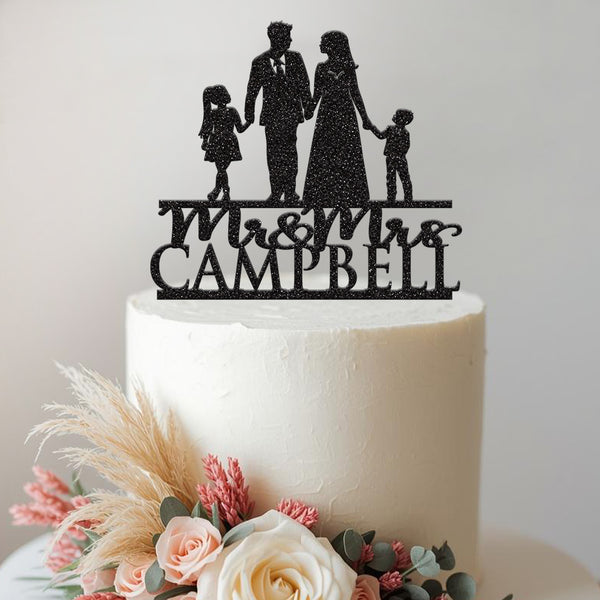 Personalised Wedding Couple with Two Children Cake Topper – Surname - view 2