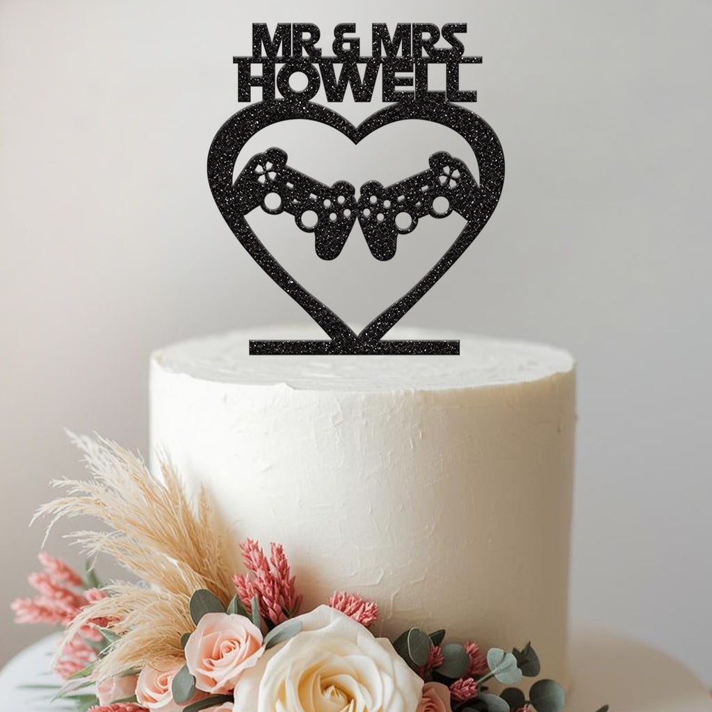 Personalised Gaming Heart Wedding Cake Topper – Surname - view 2