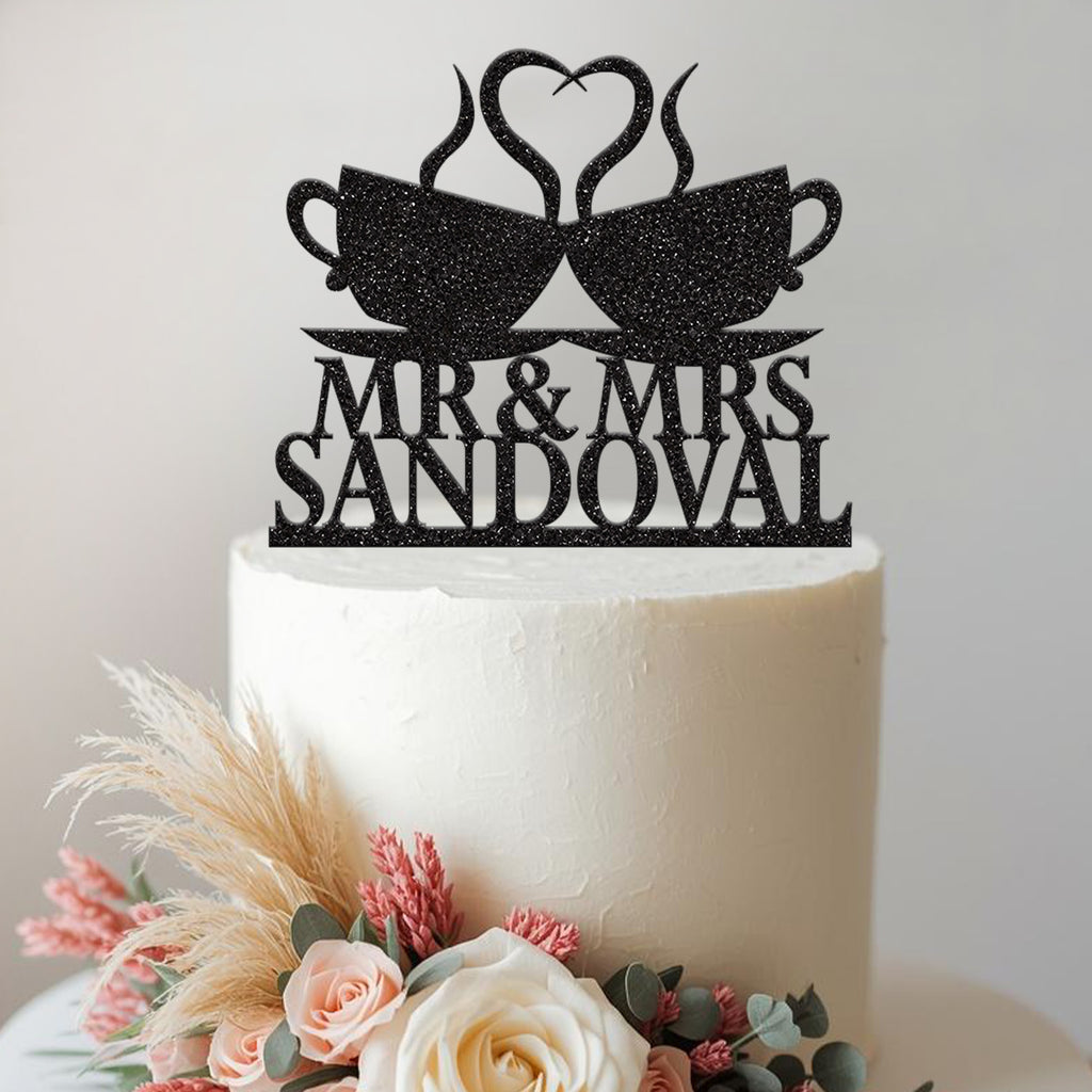 Personalised Coffee Cups Heart Wedding Cake Topper – Surname - view 2