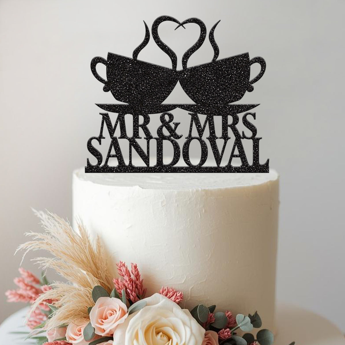 Personalised Coffee Cups Heart Wedding Cake Topper – Surname - view 2