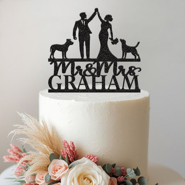 Personalised High-Five Couple & Dogs Wedding Cake Topper – Surname - view 2