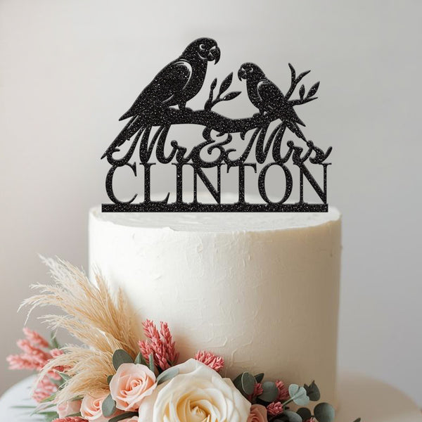Personalised Parrot Pair Wedding Cake Topper – Surname - view 2