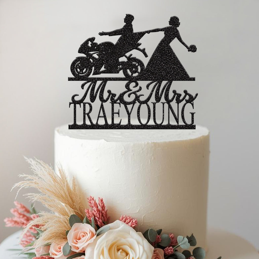 Personalised Bride Pulling Biker Wedding Cake Topper – Surname - view 2