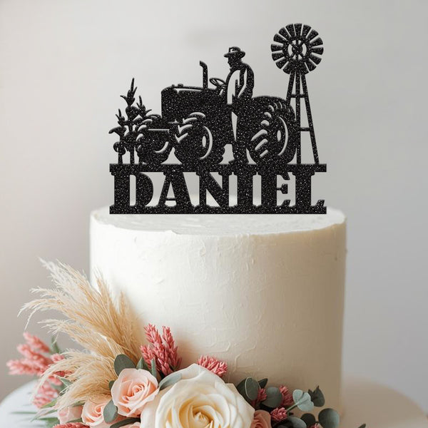 Personalised Farmer Tractor & Windmill Cake Topper – Name - view 2