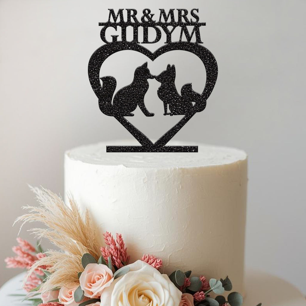 Personalised Fox Pair Heart Wedding Cake Topper – Surname - view 2