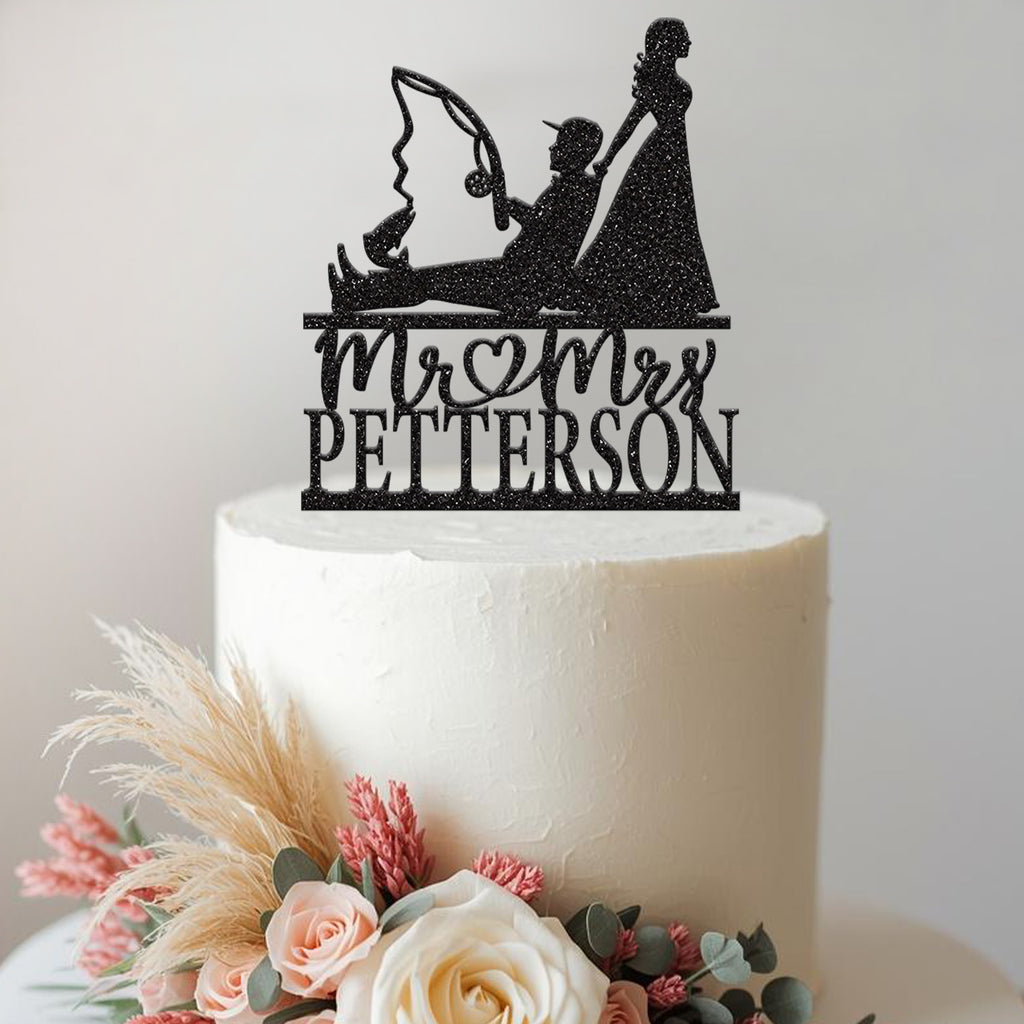 Personalised Bride Pulling Fisherman Wedding Cake Topper – Surname - view 2
