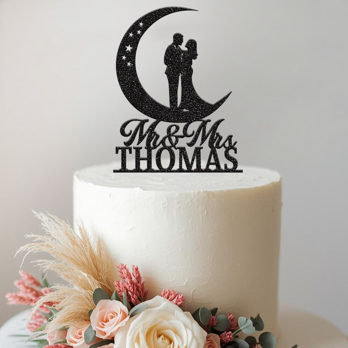 Personalised Moon & Stars Wedding Couple Cake Topper – Surname - view 2
