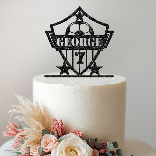 Personalised Football Shield & Stars Cake Topper – Name & Age - view 2