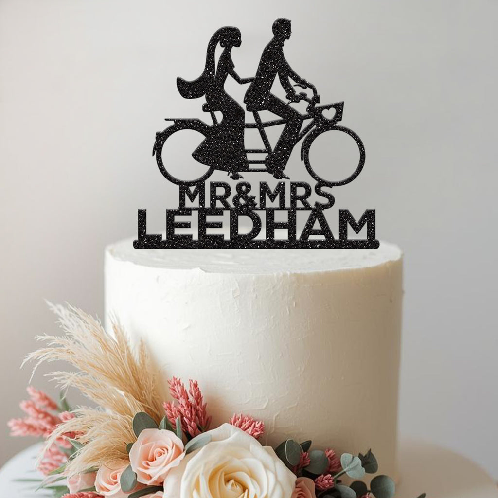 Personalised Tandem Bicycle Wedding Couple Cake Topper – Surname - view 2