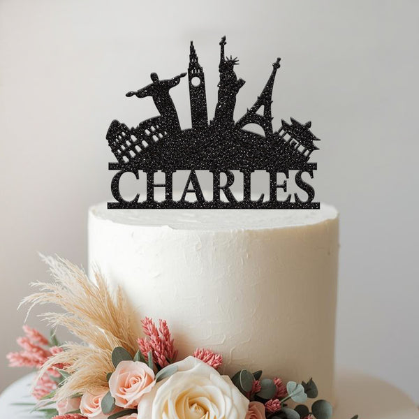 Personalised World Landmarks Travel Cake Topper – Name - view 2