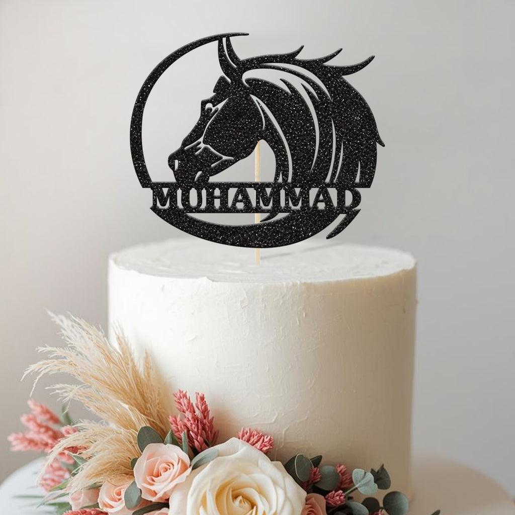 Personalised Horse Head & Sweeping Circle Cake Topper – Name - view 2