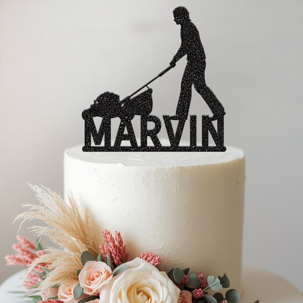 Personalised Gardener with Lawnmower Cake Topper – Name - view 2