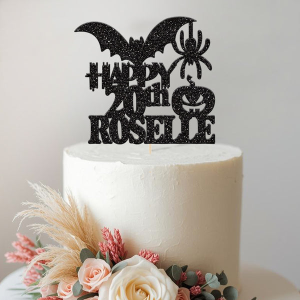 Personalised Halloween Bat and Pumpkin Cake Topper – Name & Age - view 2