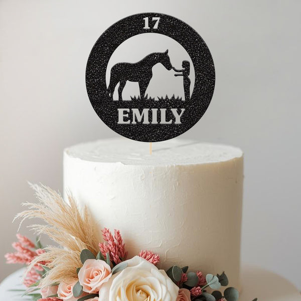Personalised Horse and Girl Circle Cake Topper – Name & Age - view 2