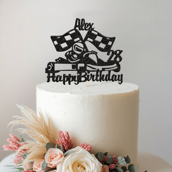 Personalised Go Kart and Chequered Flags Cake Topper – Name & Age - view 2