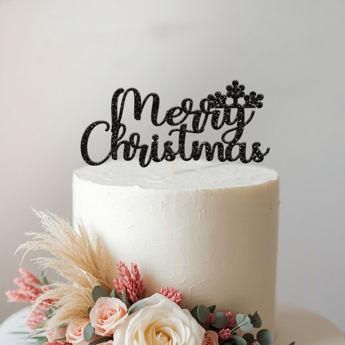 Merry Christmas Floral Script Cake Topper - view 2