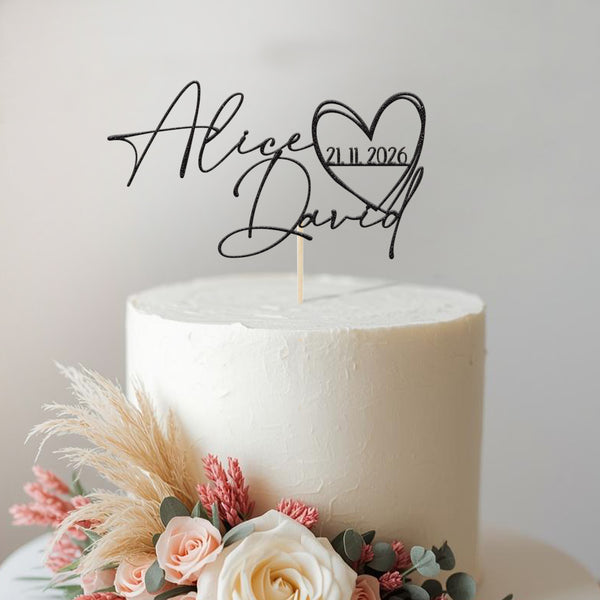Personalised Couple Names and Date Heart Wedding Cake Topper - view 2