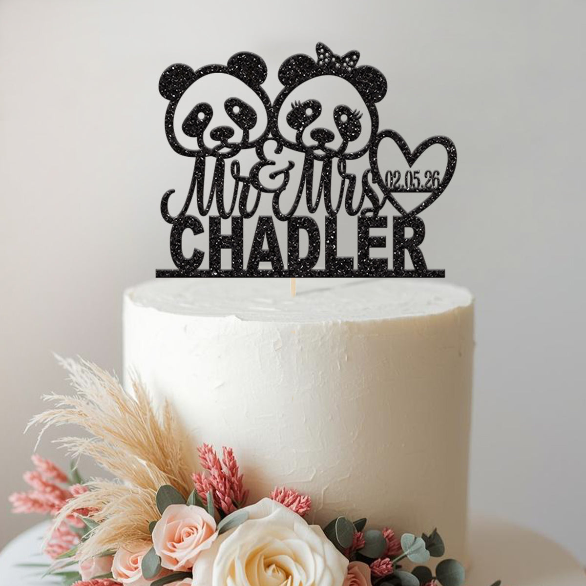 Personalised Panda Wedding Cake Topper with Surname and Date - view 2 Main image