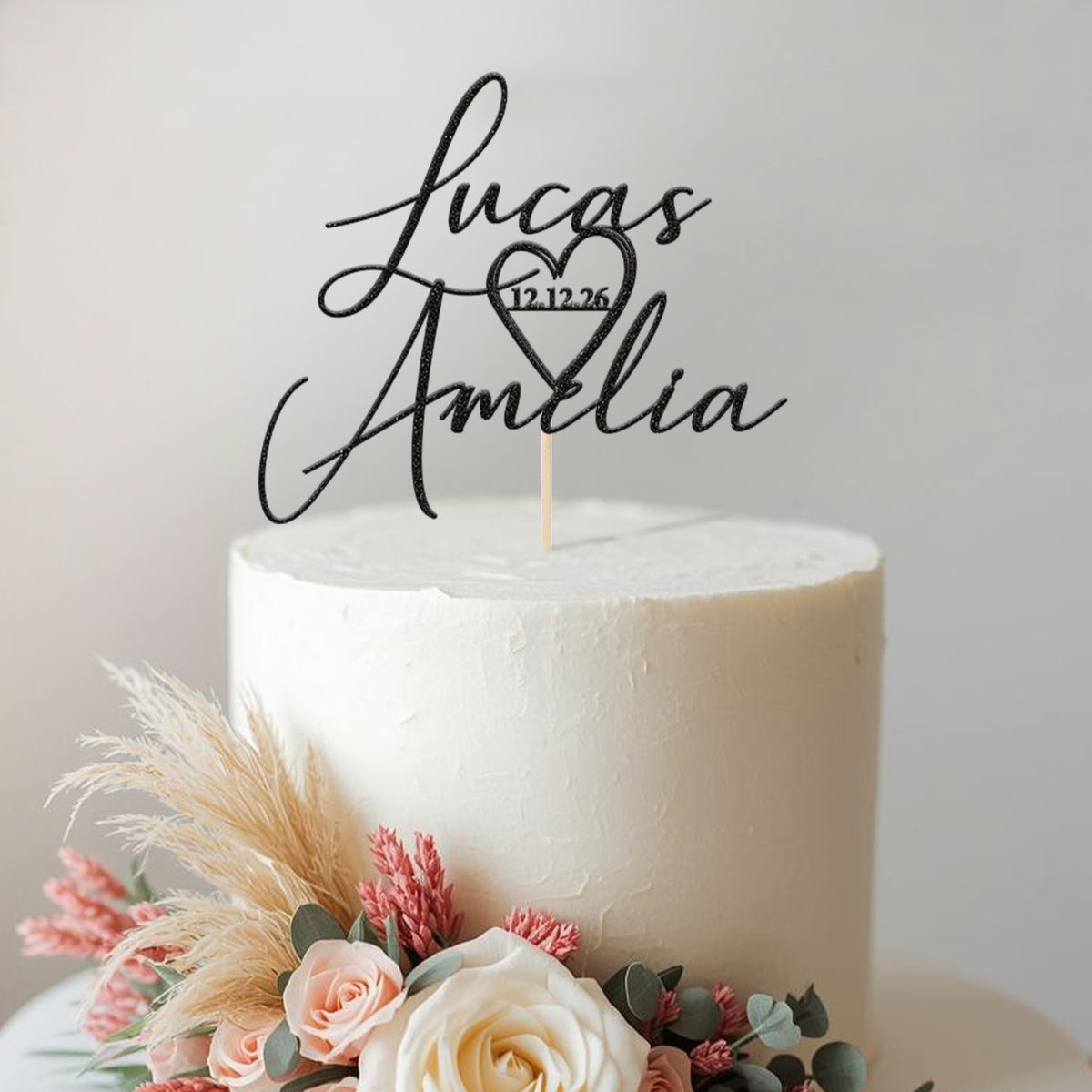 Personalised Script Names & Heart Wedding Cake Topper – Names & Date - view 2