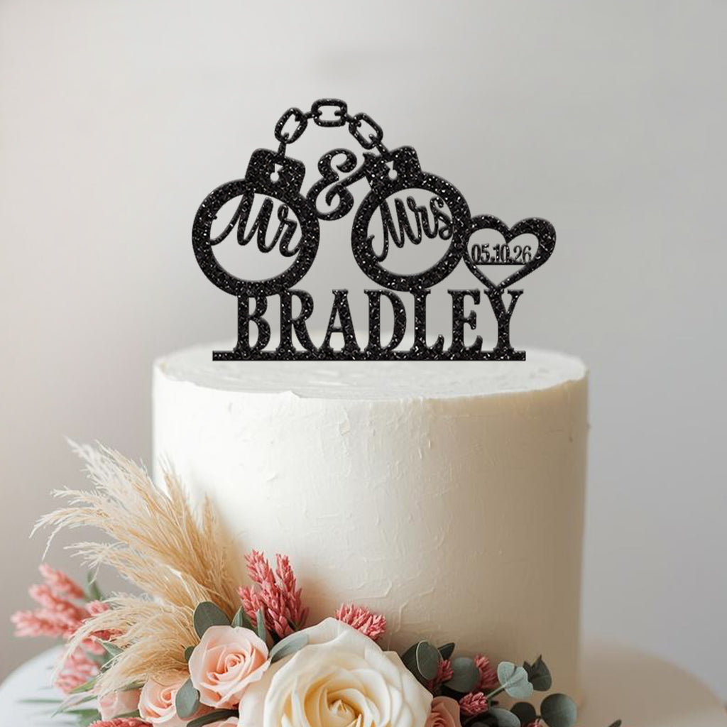 Personalised Handcuffs Wedding Cake Topper with Surname and Date - view 2