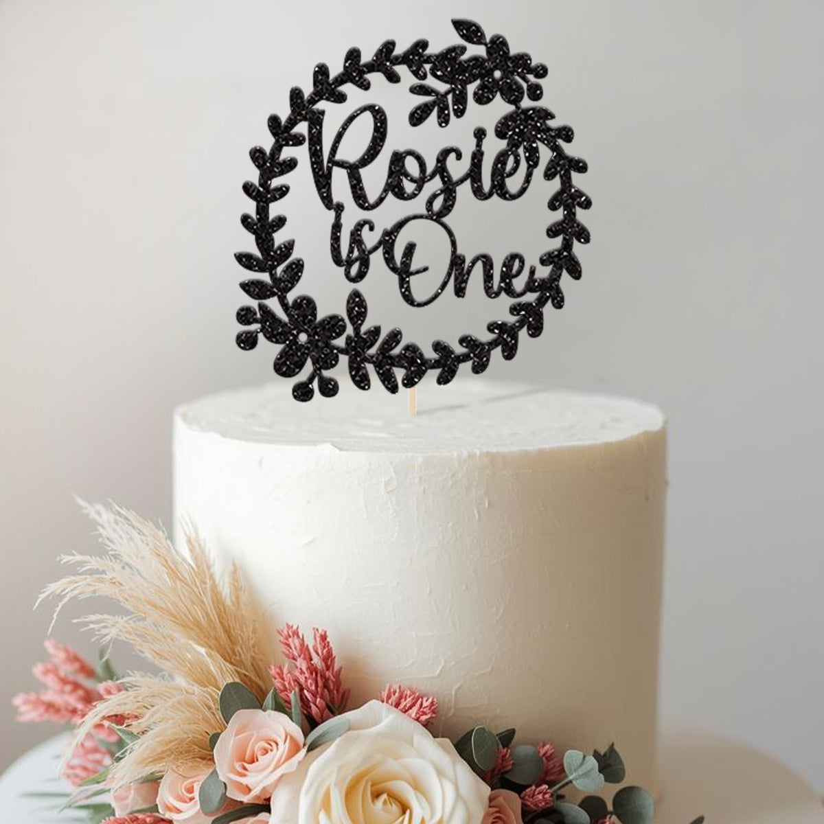Personalised Floral Wreath First Birthday Cake Topper with Name - view 2
